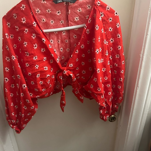 Zara Red and White Crop Blouse with Sailor Collar Size XS - Picture 1 of 3